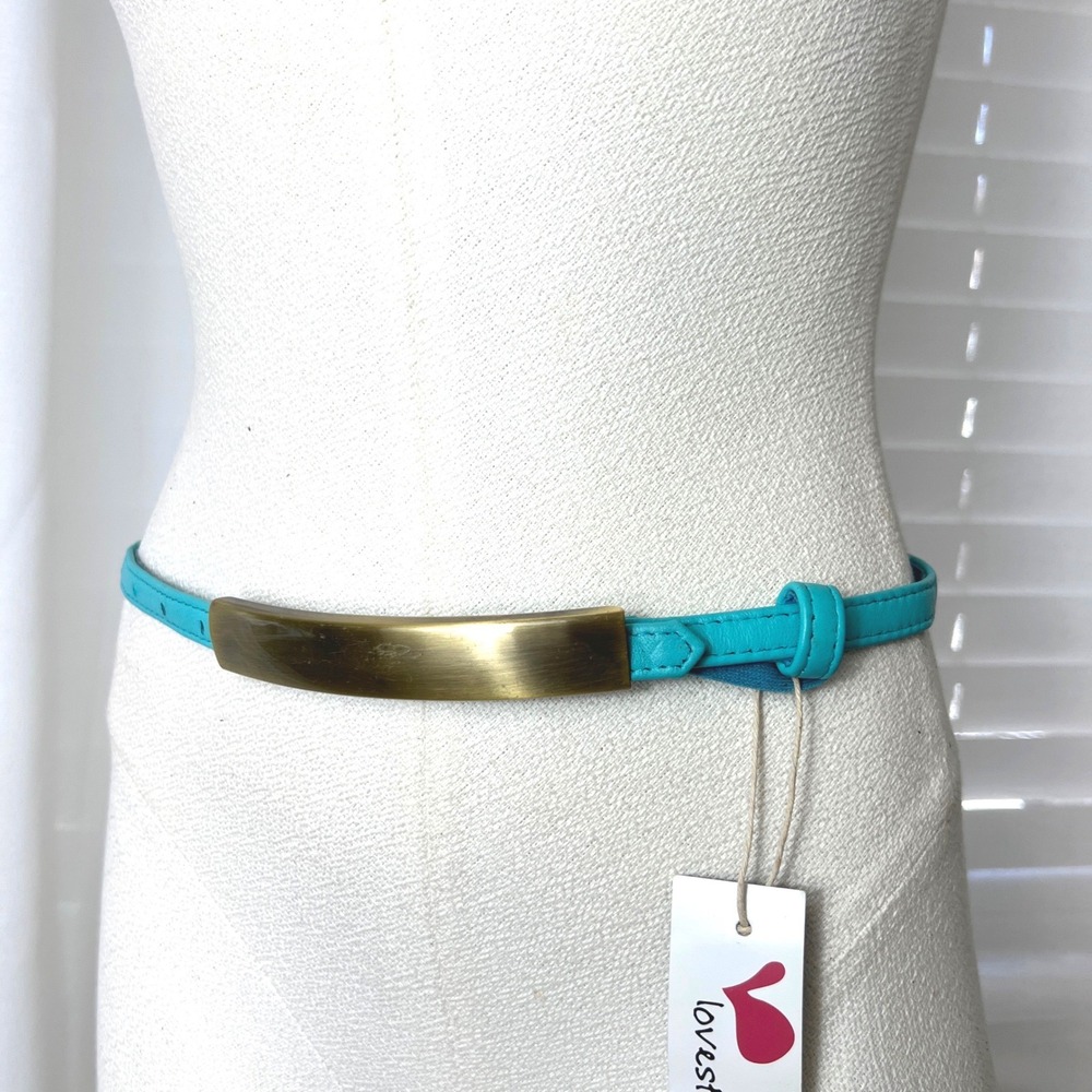 Turquoise Blue‎ Leather Skinny Belt Gold Bar Buckle Womens Small festval boho